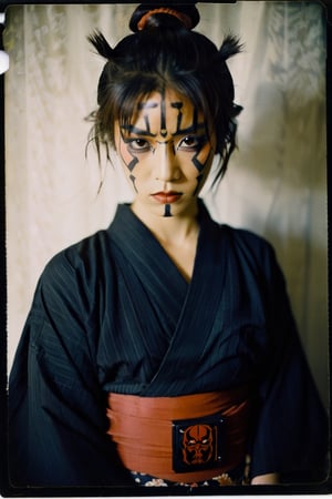 portrait of a japanese girl, polaroid,film, graininess, ANGRY, kimono, darth maul face makeup