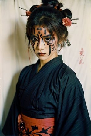 portrait of a japanese girl, polaroid,film, graininess, ANGRY, kimono, darth maul face makeup