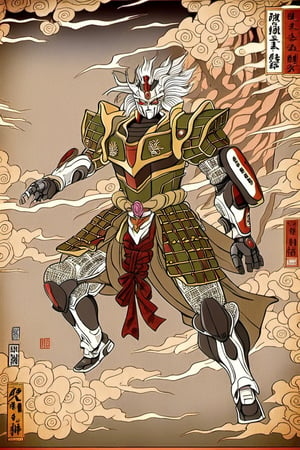 he illustration depicts a robot resembling a Gundam, yet it is profoundly influenced by traditional Japanese aesthetics, specifically the Ukiyo-e art style. The robot is adorned with intricate patterns, embellishments, and trinkets reminiscent of samurai armor. The overall colors and detailing are very refined. The aged and textured backdrop mimics old parchment or scrolls, amplifying the Ukiyo-e ambiance. This fusion of classical and futuristic elements showcases a harmonious blend of the past with the future. 