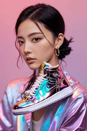 xxmixgirl, 1girl, ultra realistic gradient color flowing random design name colorfull gradient colored holographic background. Keywords: Solid Gold OVO x Air Jordans, holographic,  iridescent,  vaporwave,  fluid., ,photostudio