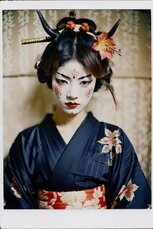 portrait of a japanese girl, polaroid,film, graininess, ANGRY, kimono, wearing hannya mask.