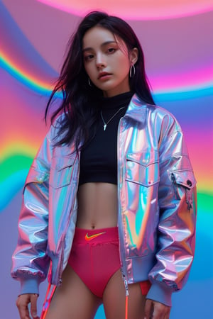 xxmixgirl, blue neon lights, somber expression, photorealistic, hyperdetailed, hyperrealism, op en eyes, cinematic, full body
flowing rainbow colored holographic background. Keywords: nike,  holographic,  iridescent,  vaporwave,  fluid., 