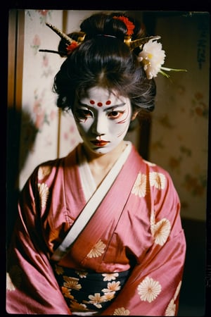 portrait of a japanese girl, polaroid,film, graininess, ANGRY, kimono, wearing Hannya mask, 