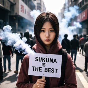 A 27 yo protester, photorealistic, award winning beautiful face, background in a messy protesting street with tear gas smokes, holding a sign:("sukuna is the best"), cute, best quality, xxmixgirl, focus on eyes, 