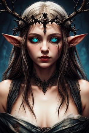lady elf, black soot covered hands, tattered dirty white dress, thorn crown, blue flaming eyes