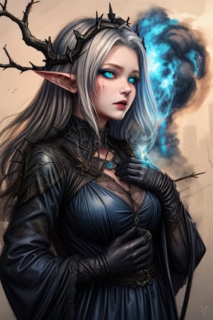 lady elf, black soot covered hands, tattered dirty white dress, thorn crown, blue flaming eyes, very large breasts
