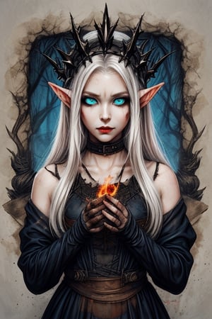 lady elf, black soot covered hands, tattered dirty white dress, thorn crown, blue flaming eyes