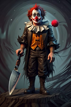 Robin Williams, dressed as an evil ragged clown, holding knife,High detailed ,perfecteyes,3DMM,Leonardo,Circle