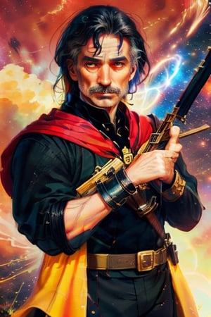 {{portrait of Timothy Dalton dressed a space robin hood}}, black curly hair and mustache, heroic pose, {{holding space crossbow}}, rocket ships, {{red and yellow clouded sky background}},perfecteyes,Leonardo,Circle,High detailed 
