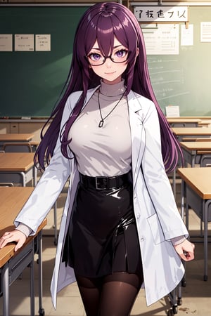 top quality, best quality, white sweater, long hair, purple hair, messy hair, glasses, black eyeswear , purple eyes, labcoat, black skirt, black pantyhose, old shion, classroom, 