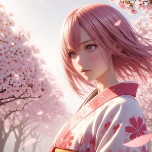 1 girl, upper body, pink tone, sakula kimono, cherry blooms, sakura foreground, floating petals, extremely closeup, high tension, Smoothskin