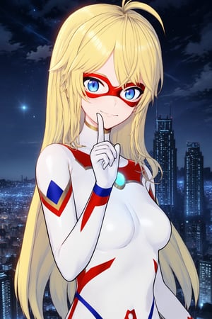 (dutch angle, from below), solo, ultragirl freya, white bodysuit, upper body, hand on hip, index finger raised, night, city scape, smile, details face, best light and shadow, (winds, floating hair), niji5,Bing girl, lens flare, sky, Beautiful eyes, anime style