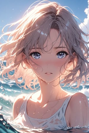film grain, blue sky, white cloud, lens flare, ultra details lighting and shadow, waves foreground, girl, wet hair, sweat on the face, low-body in the sea, bright sea, Coral reef, close up, look viewer,  Bing girl,