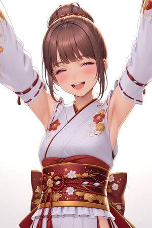 Solo, Examplelora, masterpiece, upper body, brown hair, bangs, white background, dancing, happy, rde skirt, white kimono, detached sleeves, sash, long sleeves, obi, floral print, ribbon trim, wild sleeves