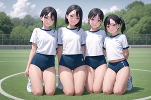 multiple girls,  16 years old, (((short stature))), Japanese, black hair, short bob, (flat chest:1.2), smile, thin eyeblow, black eyes, green round glasses, head tilt,
gym uniform white shirts short sleeve, ((navy blue buruma thigh:1.5)), white sneakers, 
kneeling, full body, panorama, 
gr buruma, outdoor, school yard track field,

score_9, score_8_up, score_7_up,source_anime,rating_explicit,masterpiece,((best quality, 8k, ultra-detailed)),cg,perfect anatomy,