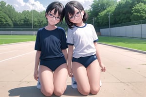 multiple girls,  16 years old, (((short stature))), Japanese, black hair, short bob, (flat chest:1.2), smile, thin eyeblow, black eyes, green round glasses, head tilt,
gym uniform white shirts short sleeve, ((navy blue buruma thigh:1.5)), white sneakers, 
kneeling, full body, panorama, 
gr buruma, outdoor, school yard track field,

score_9, score_8_up, score_7_up,source_anime,rating_explicit,masterpiece,((best quality, 8k, ultra-detailed)),cg,perfect anatomy,