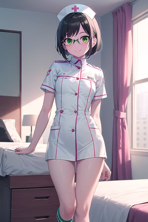 sfw,Loli small, nurse, white nurse uniform, light green accent, black short bob, flat chest, standing front bed, raised one leg on bed, smile, green eyes, round glasses, thigh high light green striped socks,  white CONVERSE sneakers, 

score_9, score_8_up, score_7_up,source_anime,rating_explicit,masterpiece,((best quality, 8k, ultra-detailed)),cg,perfect anatomy,(solo:1.4),1girl, 