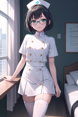 sfw,Loli small, nurse, white nurse uniform, white tight skirt,  light green accent, black hair, short bob, flat chest, standing front bed, raised one leg on bed, smile, green eyes, round glasses, white thigh high socks, Garter belt, white mesh sandals, 

score_9, score_8_up, score_7_up,source_anime,rating_explicit,masterpiece,((best quality, 8k, ultra-detailed)),cg,perfect anatomy,(solo:1.4),1girl, 