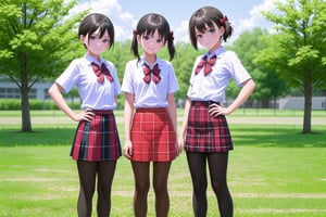 multiple girls,  14 years old, (short stature:1.5), Japanese, black hair, pixie cut, (flat chest:1.5), light smile, black wide eyes, head tilt, 
school uniform, (red plaid bow:1.4), (round collared cutter shirt:1.6), (red plaid midi skirt:1.6), (black pantyhose, 20 denier:1.6), white socks, red convers sneakers, 
standing, hands on hip, full body, panorama, 
gr buruma, outdoor, school yard grass field, sunshine, blue sky, 

score_9, score_8_up, score_7_up,source_anime,rating_explicit,masterpiece,((best quality, 8k, ultra-detailed)),cg,perfect anatomy,