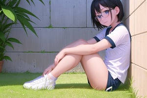 multiple girls,  16 years old, (((short stature))), Japanese, black hair, short bob, (flat chest:1.2), smile, thin eyeblow, black eyes, green round glasses, head tilt,
gym uniform white shirts short sleeve, ((navy blue buruma thigh:1.5)), white sneakers, 
(sitting on ground, against the wall, knees up, hagging knees:1.5), full body, panorama, 
gr buruma, outdoor, school yard grass field, sunshine, blue sky, 

score_9, score_8_up, score_7_up,source_anime,rating_explicit,masterpiece,((best quality, 8k, ultra-detailed)),cg,perfect anatomy,