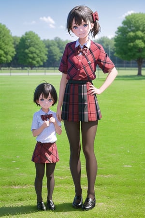 multiple girls,  14 years old, (short stature:1.5), Japanese, black hair, pixie cut, (flat chest:1.5), light smile, black wide eyes, head tilt, 
school uniform, (red plaid bow:1.4), (round collared cutter shirt:1.6), (red plaid midi skirt:1.6), (black pantyhose, 20 denier:1.6), Brown rofers, 
standing, hands on hip, full body, panorama, 
gr buruma, outdoor, school yard grass field, sunshine, blue sky, 

score_9, score_8_up, score_7_up,source_anime,rating_explicit,masterpiece,((best quality, 8k, ultra-detailed)),cg,perfect anatomy,