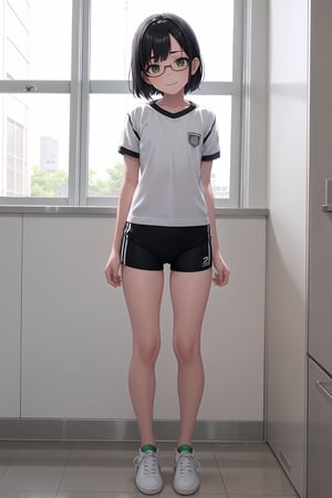 SFW, gym uniform, (buruma:1.5), (white:1.4) sneakers, light green accent, (black:1.4) hair, short bob, (flat chest:1.2), standing, smile, thin eyeblow, black eyes, green round glasses, head tilt, 

score_9, score_8_up, score_7_up,source_anime,rating_explicit,masterpiece,((best quality, 8k, ultra-detailed)),cg,perfect anatomy,(solo:1.4),1girl, 18yo, full body,taiikukan,rouka, reflective floor, window