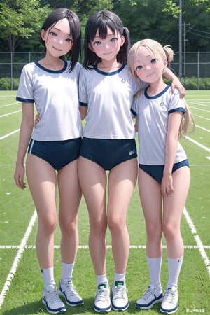 multiple girls,  16 years old, (((short stature))), Japanese, black hair, short bob, (flat chest:1.2), smile, thin eyeblow, black eyes, green round glasses, head tilt,
gym uniform white shirts short sleeve, ((navy blue buruma thigh:1.5)), white sneakers, 
standing, full body, 
gr buruma, outdoor, school yard track field,

score_9, score_8_up, score_7_up,source_anime,rating_explicit,masterpiece,((best quality, 8k, ultra-detailed)),cg,perfect anatomy,