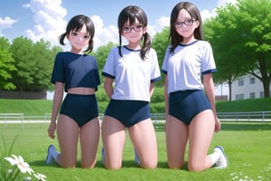 multiple girls,  16 years old, (((short stature))), Japanese, black hair, short bob, (flat chest:1.2), smile, thin eyeblow, black eyes, green round glasses, head tilt,
gym uniform white shirts short sleeve, ((navy blue buruma thigh:1.5)), white sneakers, 
standing or kneeling, full body, panorama, 
gr buruma, outdoor, school yard grass field, sunshine, blue sky, 

score_9, score_8_up, score_7_up,source_anime,rating_explicit,masterpiece,((best quality, 8k, ultra-detailed)),cg,perfect anatomy,