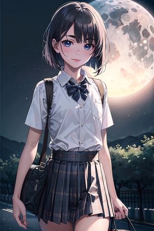(SFW:1.6), (masterpiece, best quality, awesome extremely realistic, high resolution:1.3), 1girl, solo, Japanese, 14yo, (tiny:1.3), junior high school student, 
BREAK (black short bob, straight hair:1.4), bangs, (tsurime:2.1), (very thin eyes:1.7), (thick eyebrow:1.4), closed mouth, (looking down on light smile:1.2), (blush:1.4), (flat chest:1.7), 
BREAK (plaid bow:1.5), (round collared cutter shirt:1.6), (pleated midi skirt:1.7), black socks, Brown rofers
BREAK from below, standing, carrying school bag, unmoving pattern, 
surface on the moon,  Earthlight, 