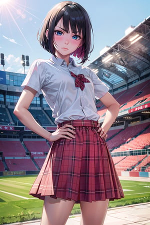 (SFW:1.6), (masterpiece, best quality, awesome extremely realistic, high resolution:1.3), 1girl, solo, Japanese, 17yo, BREAK (black short bob, straight hair:1.4), bangs, (hair over left eye:1.6), (tsurime:2.1), (very thin eyes:1.4), closed mouth, BREAK (disdain, contempt:1.7), (blush:1.4), (flat chest:1.7),  BREAK from side, school uniform, (red plaid bow:1.4), (round collared cutter shirt:1.6), (red plaid midi skirt:1.6), (white ankle socks:1.6), (CONVERSE low-cut sneakers:1.6), BREAK standing, both hands on own hip, unmoving pattern, Athletics Stadium, blue sky, sunshine, from below,  