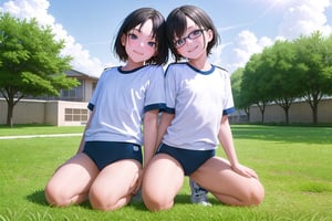 multiple girls,  16 years old, (((short stature))), Japanese, black hair, short bob, (flat chest:1.2), smile, thin eyeblow, black eyes, green round glasses, head tilt,
gym uniform white shirts short sleeve, ((navy blue buruma thigh:1.5)), white sneakers, 
kneeling or sitting, full body, panorama, 
gr buruma, outdoor, school yard grass field, sunshine, blue sky, 

score_9, score_8_up, score_7_up,source_anime,rating_explicit,masterpiece,((best quality, 8k, ultra-detailed)),cg,perfect anatomy,