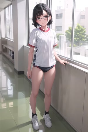 SFW, gym uniform, (buruma:1.5), (white:1.4) sneakers, light green accent, (black:1.4) hair, short bob, (flat chest:1.1), standing, smile, thin eyeblow, black eyes, green round glasses, head tilt, 

score_9, score_8_up, score_7_up,source_anime,rating_explicit,masterpiece,((best quality, 8k, ultra-detailed)),cg,perfect anatomy,(solo:1.4),1girl, 18yo, full body,taiikukan,rouka, reflective floor, window