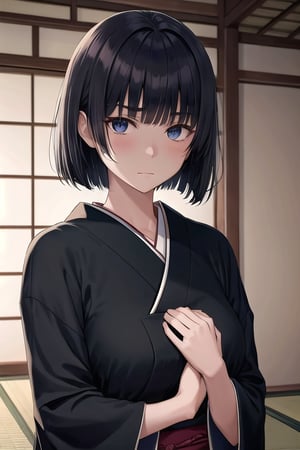 4K art prompt. A 17-year-old Japanese girl stands motionless in a traditional Japanese wasitsu room, her jet-black bob styled straight with dramatic bangs sweeping across her left eye. Her slanted eyes and thick eyebrows convey an air of mystery and indifference as she gazes ahead, both hands resting on her chest. The subtle blush on her cheeks adds to the drama. A large painting of Mount Fuji covers the wall behind her, providing a serene backdrop for this enigmatic scene.