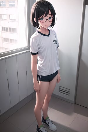 SFW, gym uniform, (buruma:1.5), (white:1.4) sneakers, light green accent, (black:1.4) hair, short bob, (flat chest:1.2), standing, smile, thin eyeblow, black eyes, green round glasses, head tilt, 

score_9, score_8_up, score_7_up,source_anime,rating_explicit,masterpiece,((best quality, 8k, ultra-detailed)),cg,perfect anatomy,(solo:1.4),1girl, 18yo, full body,taiikukan,rouka, reflective floor, window