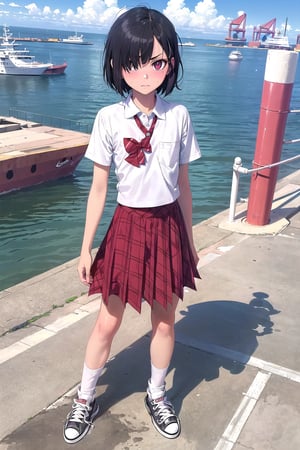 (SFW:1.6), (masterpiece, best quality, awesome extremely realistic, high resolution:1.5), (panorama, looking at viewer:1.6), 1girl, solo, Japanese, 17yo, BREAK (black short bob, straight hair:1.4), bangs, (hair over left eye:1.6), (tsurime:2.1), (very thin eyes:1.4), closed mouth, BREAK (disdain, contempt:1.7), (blush:1.4), (flat chest:1.7),  BREAK school uniform, (red plaid bow:1.4), (round collared cutter shirt:1.6), (red plaid midi skirt:1.6), (white short socks:1.6), (CONVERSE low-cut sneakers:1.6), BREAK full body, (standing at port, looking at sea:1.6),