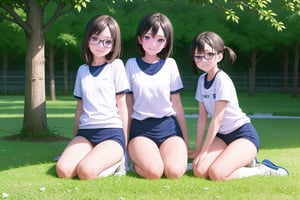 multiple girls,  16 years old, (((short stature))), Japanese, black hair, short bob, (flat chest:1.2), smile, thin eyeblow, black eyes, green round glasses, head tilt,
gym uniform white shirts short sleeve, ((navy blue buruma thigh:1.5)), white sneakers, 
kneeling or sitting, full body, panorama, 
gr buruma, outdoor, school yard grass field, sunshine, blue sky, 

score_9, score_8_up, score_7_up,source_anime,rating_explicit,masterpiece,((best quality, 8k, ultra-detailed)),cg,perfect anatomy,