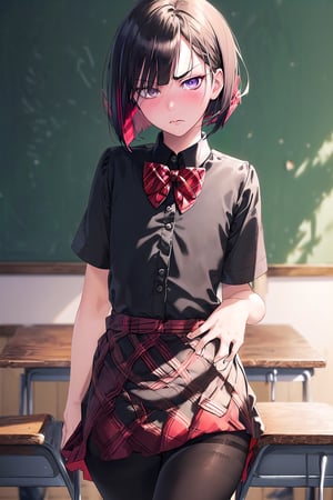 (SFW:1.6), (masterpiece, best quality, awesome extremely realistic, high resolution:1.3), 
1girl, solo, Japanese, 17yo, 
BREAK (black short bob, straight hair:1.4), bangs, (hair over left eye:1.6), (tsurime:2.1), (very thin eyes:1.4), closed mouth, 
BREAK (disdain, contempt:1.7), (blush:1.4), (flat chest:1.7),  
BREAK from side, school uniform, (red plaid bow:1.4), (round collared cutter shirt:1.6), (red plaid midi skirt:1.6), (black pantyhose, 20 denier:1.6), brown loafers, 
BREAK standing, right hand on chest, left hand on desk, unmoving pattern, 
 kyoushitsu, school chair, school desk, chalkboard, window,