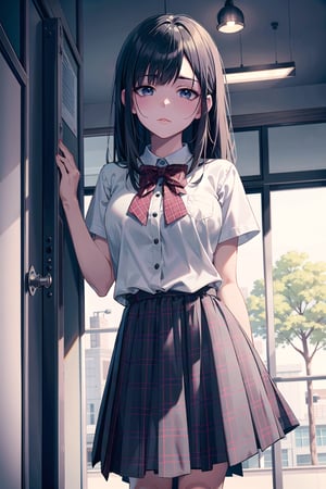 A serene Japanese schoolgirl, 17 years old with a short black bob and straight hair framing her face. Her bangs sweep across her forehead, partially covering her left eye. Thin, closed eyes convey disdain as she stands still in her school uniform. The red plaid bow on her shirt and the midi skirt add pops of color to the otherwise monochromatic scene. Brown loafers peek out from beneath her uniform, grounding her presence. In the background, a chalkboard and window provide a subtle backdrop for this contemplative moment, as if suspended in time.