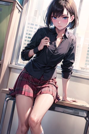 (SFW:1.6), (masterpiece, best quality, awesome extremely realistic, high resolution:1.3), 1girl, solo, Japanese, 17yo,
BREAK (black short bob, straight hair:1.4), bangs, (hair over left eye:1.6), (tsurime:2.1), (very thin eyes:1.4), closed mouth, (look down on disdain:1.9), (blush:1.4), (flat chest:1.7), right hand on chest, left hand on desk, 
BREAK from side, 
school uniform, plaid bow, (round collared cutter shirt:1.6), (plaid midi skirt:1.6), white short socks, brown loafers, 
BREAK standing, unmoving pattern, 
school classroom