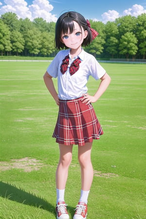 multiple girls,  14 years old, (short stature:0.8), Japanese, black hair, pixie cut, (flat chest:1.5), light smile, black wide eyes, head tilt, 
school uniform, (red plaid bow:1.4), (round collared cutter shirt:1.6), (red plaid midi skirt:1.6), white short socks, red convers sneakers, 
standing, hands on chest, full body, panorama, 
gr buruma, outdoor, school yard grass field, sunshine, blue sky, 

score_9, score_8_up, score_7_up,source_anime,rating_explicit,masterpiece,((best quality, 8k, ultra-detailed)),cg,perfect anatomy,