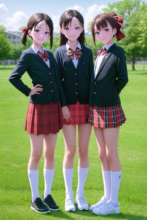 multiple girls,  14 years old, (short stature:0.8), Japanese, black hair, pixie cut, (flat chest:1.5), light smile, black wide eyes, head tilt, 
blazer uniform, (red plaid bow:1.4), (round collared cutter shirt:1.6), (red plaid midi skirt:1.6), white short socks, red convers sneakers, 
standing, hands on chest, full body, panorama, 
gr buruma, outdoor, school yard grass field, sunshine, blue sky, 

score_9, score_8_up, score_7_up,source_anime,rating_explicit,masterpiece,((best quality, 8k, ultra-detailed)),cg,perfect anatomy,