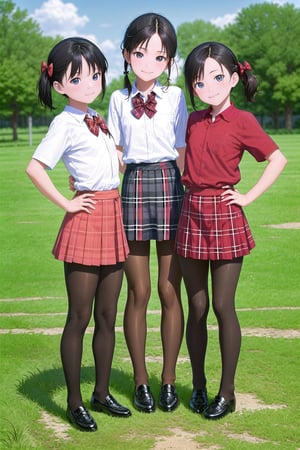 multiple girls,  14 years old, (short stature:1.5), Japanese, black hair, pixie cut, (flat chest:1.5), light smile, black wide eyes, head tilt, 
school uniform, (red plaid bow:1.4), (round collared cutter shirt:1.6), (red plaid midi skirt:1.6), (black pantyhose, 20 denier:1.6), Brown rofers, 
standing, hands on hip, full body, panorama, 
gr buruma, outdoor, school yard grass field, sunshine, blue sky, 

score_9, score_8_up, score_7_up,source_anime,rating_explicit,masterpiece,((best quality, 8k, ultra-detailed)),cg,perfect anatomy,