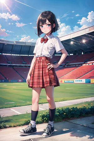 (SFW:1.6), (masterpiece, best quality, awesome extremely realistic, high resolution:1.3), 1girl, solo, Japanese, 17yo, BREAK (black short bob, straight hair:1.4), bangs, (hair over left eye:1.6), (tsurime:2.1), (very thin eyes:1.4), closed mouth, BREAK (disdain, contempt:1.7), (blush:1.4), (flat chest:1.7),  BREAK from side, school uniform, (red plaid bow:1.4), (round collared cutter shirt:1.6), (red plaid midi skirt:1.6), (white ankle socks:1.6), (CONVERSE low-cut sneakers:1.6), BREAK standing, both hands on own hip, unmoving pattern, Athletics Stadium, blue sky, sunshine, from below,  