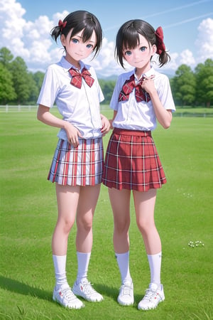 multiple girls,  14 years old, (short stature:0.8), Japanese, black hair, pixie cut, (flat chest:1.5), light smile, black wide eyes, head tilt, 
school uniform, (red plaid bow:1.4), (round collared cutter shirt:1.6), (red plaid midi skirt:1.6), white short socks, red convers sneakers, 
standing, hands on chest, full body, panorama, 
gr buruma, outdoor, school yard grass field, sunshine, blue sky, 

score_9, score_8_up, score_7_up,source_anime,rating_explicit,masterpiece,((best quality, 8k, ultra-detailed)),cg,perfect anatomy,