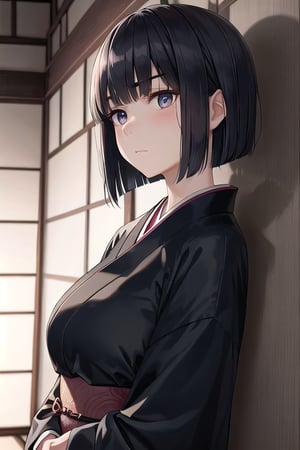 4K art prompt. A 17-year-old Japanese girl stands motionless in a traditional Japanese wasitsu room, her jet-black bob styled straight with dramatic bangs sweeping across her left eye. Her slanted eyes and thick eyebrows convey an air of mystery and indifference as she gazes ahead, both hands resting on her chest. The subtle blush on her cheeks adds to the drama. A large painting of Mount Fuji covers the wall behind her, providing a serene backdrop for this enigmatic scene.