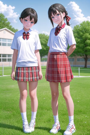 multiple girls,  14 years old, (short stature:0.8), Japanese, black hair, pixie cut, (flat chest:1.5), light smile, black wide eyes, head tilt, 
school uniform, (red plaid bow:1.4), (round collared cutter shirt:1.6), (red plaid midi skirt:1.6), white short socks, red convers sneakers, 
standing, hands on chest, full body, panorama, 
gr buruma, outdoor, school yard grass field, sunshine, blue sky, 

score_9, score_8_up, score_7_up,source_anime,rating_explicit,masterpiece,((best quality, 8k, ultra-detailed)),cg,perfect anatomy,