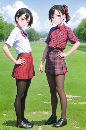 multiple girls,  14 years old, (short stature:1.5), Japanese, black hair, pixie cut, (flat chest:1.5), light smile, black wide eyes, head tilt, 
school uniform, (red plaid bow:1.4), (round collared cutter shirt:1.6), (red plaid midi skirt:1.6), (black pantyhose, 20 denier:1.6), white socks, red convers sneakers, 
standing, hands on hip, full body, panorama, 
gr buruma, outdoor, school yard grass field, sunshine, blue sky, 

score_9, score_8_up, score_7_up,source_anime,rating_explicit,masterpiece,((best quality, 8k, ultra-detailed)),cg,perfect anatomy,