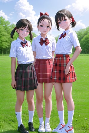 multiple girls,  14 years old, (short stature:0.8), Japanese, black hair, pixie cut, (flat chest:1.5), light smile, black wide eyes, head tilt, 
school uniform, (red plaid bow:1.4), (round collared cutter shirt:1.6), (red plaid midi skirt:1.6), white short socks, red convers sneakers, 
standing, hands on chest, full body, panorama, 
gr buruma, outdoor, school yard grass field, sunshine, blue sky, 

score_9, score_8_up, score_7_up,source_anime,rating_explicit,masterpiece,((best quality, 8k, ultra-detailed)),cg,perfect anatomy,