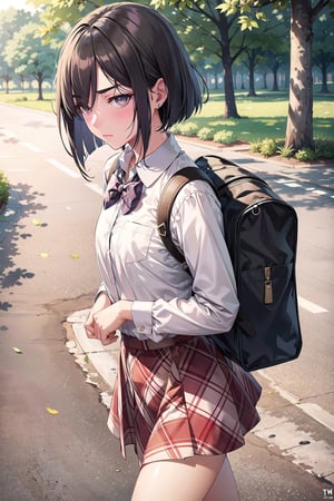 (SFW:1.6), (masterpiece, best quality, awesome extremely realistic, high resolution:1.3), 1girl, solo, Japanese, 17yo, (tall:1.3), 
BREAK (black short bob, straight hair:1.4), bangs, (tsurime:2.1), (hair over left eye:1.9), (very thin eyes:1.7), (thick eyebrow:1.4), closed mouth, (looking down on disdain:1.6), (blush:1.4), (flat chest:1.7), 
BREAK school uniform, (plaid bow:1.5), (round collared cutter shirt:1.6), (plaid midi skirt:1.7), black socks, Brown rofers
BREAK from below, walking, carrying backpack, left hand on shoulder strap
forests, woods, lake side, 