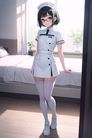 SFW, nurse, (white:1.4) nurse uniform, (white:1.4) tight skirt, (white:1.4) thigh high socks, (white:1.4) Garter belt, (white:1.4) sneakers, light green accent, black hair, short bob, flat chest, standing front bed, raised one leg on bed, smile, thin eyeblow, black eyes, green round glasses, 

score_9, score_8_up, score_7_up,source_anime,rating_explicit,masterpiece,((best quality, 8k, ultra-detailed)),cg,perfect anatomy,(solo:1.4),1girl, 16yo, full body, 